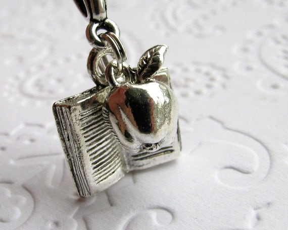 Teacher charm necklace, teacher ID lanyard, silver pewter apple and book, reading, literacy tutor, literature, librarian, back to school