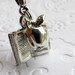 Teacher charm necklace, teacher ID lanyard, silver pewter apple and book, reading, literacy tutor, literature, librarian, back to school