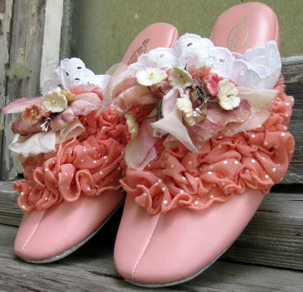 Marie Antionette Coral Pink Upcycled Slipper Shoes with Vintage Embellishments Size 7.5