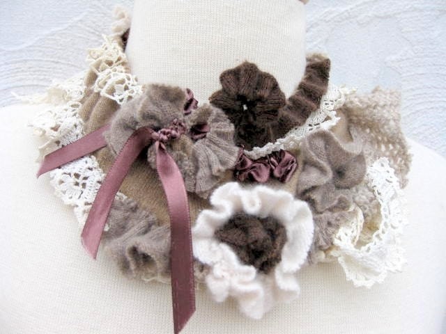Cashmere and Lace Statement Necklace in Brown and Cream and Taupe SALE