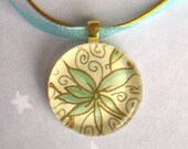 Aqua Flower Leaves, Turquoise Blue-green, Genuine Classical Italian Print Glass Pendant Necklace