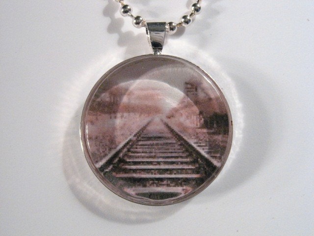 Railroad Pendant in Sepia Tones - Glass Tile Pendant in Silver Tray with Chain