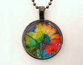 Colorful Floral Pendant - Glass in Gunmetal Pendant Tray