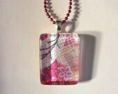 Fuchsia -Pink Patterns with Flower and Metallic Blue Etching - Glass Tile Pendant Necklace