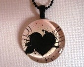 Black Splatter-Paint Heart on Beige - Glass Pendant with Black Chain