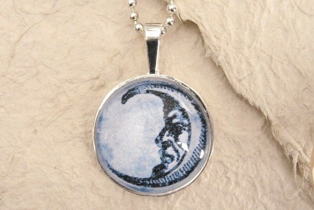 Blue Crescent Moon Face Pendant - Glass in Silver Tray with Necklace