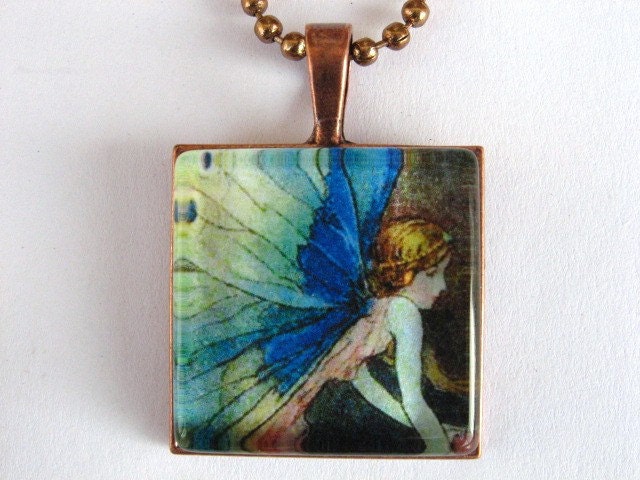 Blue Winged Fairy in Copper - Glass Tile Pendant