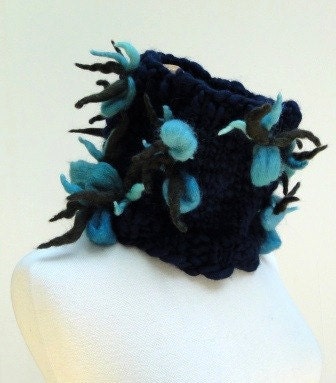 Navy Knit Cowl Chunky Unusual Scarf Teal Yarn Flowers OOAK