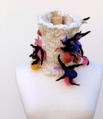 Unique Cowl Scarf Hand Knit Ecru Scarf Yarn Blossoms, Luxury Neck Warmer