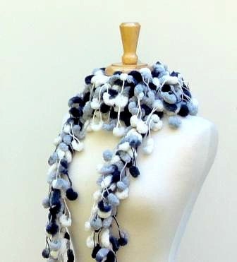 Black and White Multicolor Pom Pom Scarf, Long Crocheted Neckwarmer