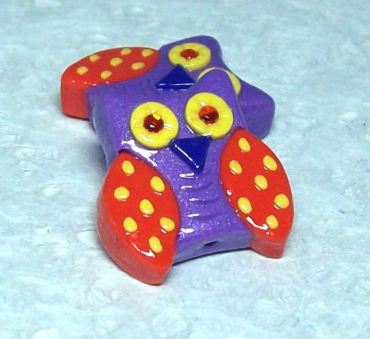 Polymer Clay Owl Beads - Cutie Owls - Purple and Orange with Yellow Polka Dots