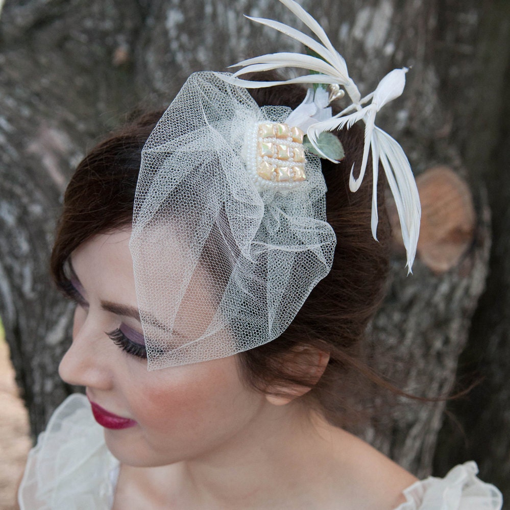 It's Cocktail Hour- Whimsical Vintage Feather Love Bird Hair Clip by The House of Kat Swank. Ivory, Beige and Pearl Tones.