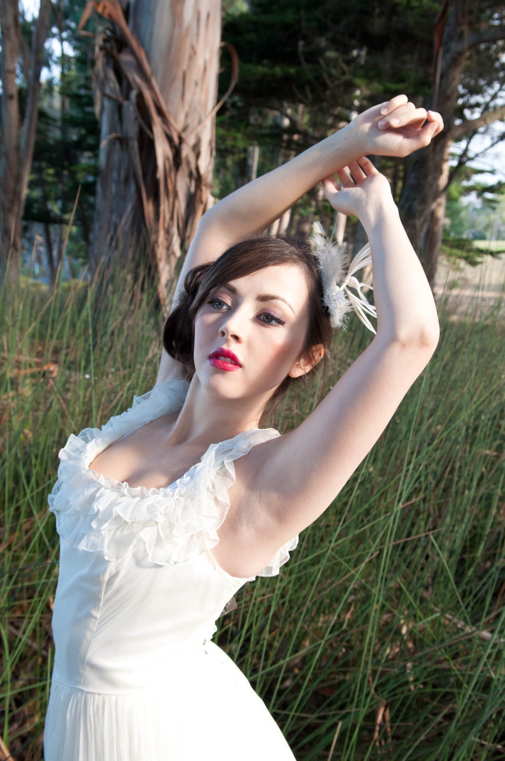 Whimsical Vintage Feather Love Bird Fascinator by The House of Kat Swank. Ivory, Beige, Bronze and Pearl Tones. Veil sold separately.