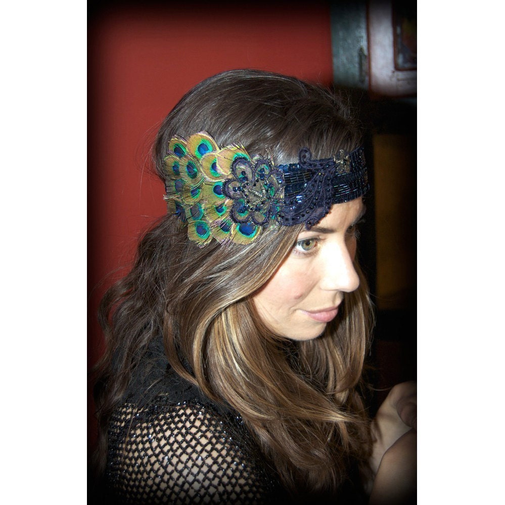 Liaison by Kat Swank, One-of-a-Kind Headband with Upcycled Vintage Elements and Peacock Feathers- Made to Order