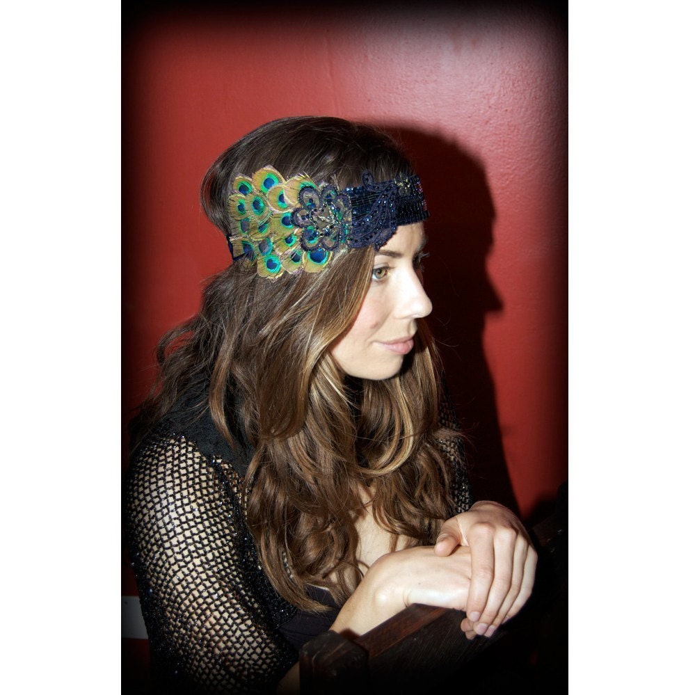 Liaison by Kat Swank, One-of-a-Kind Headband with Upcycled Vintage Elements and Peacock Feathers- Made to Order