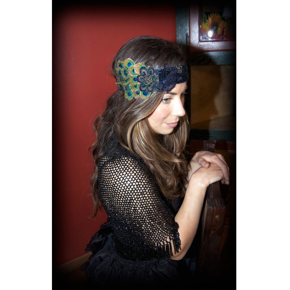 Liaison by Kat Swank, One-of-a-Kind Headband with Upcycled Vintage Elements and Peacock Feathers- Made to Order