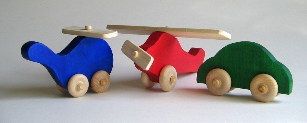 Wooden Toy Set- Helicopter Car Airplane- Natural Waldof Push Toy