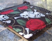 Kitchen Fabric Potholders - Set of 2 - Skulls and Roses - Black and White Polka Dots Red Rose