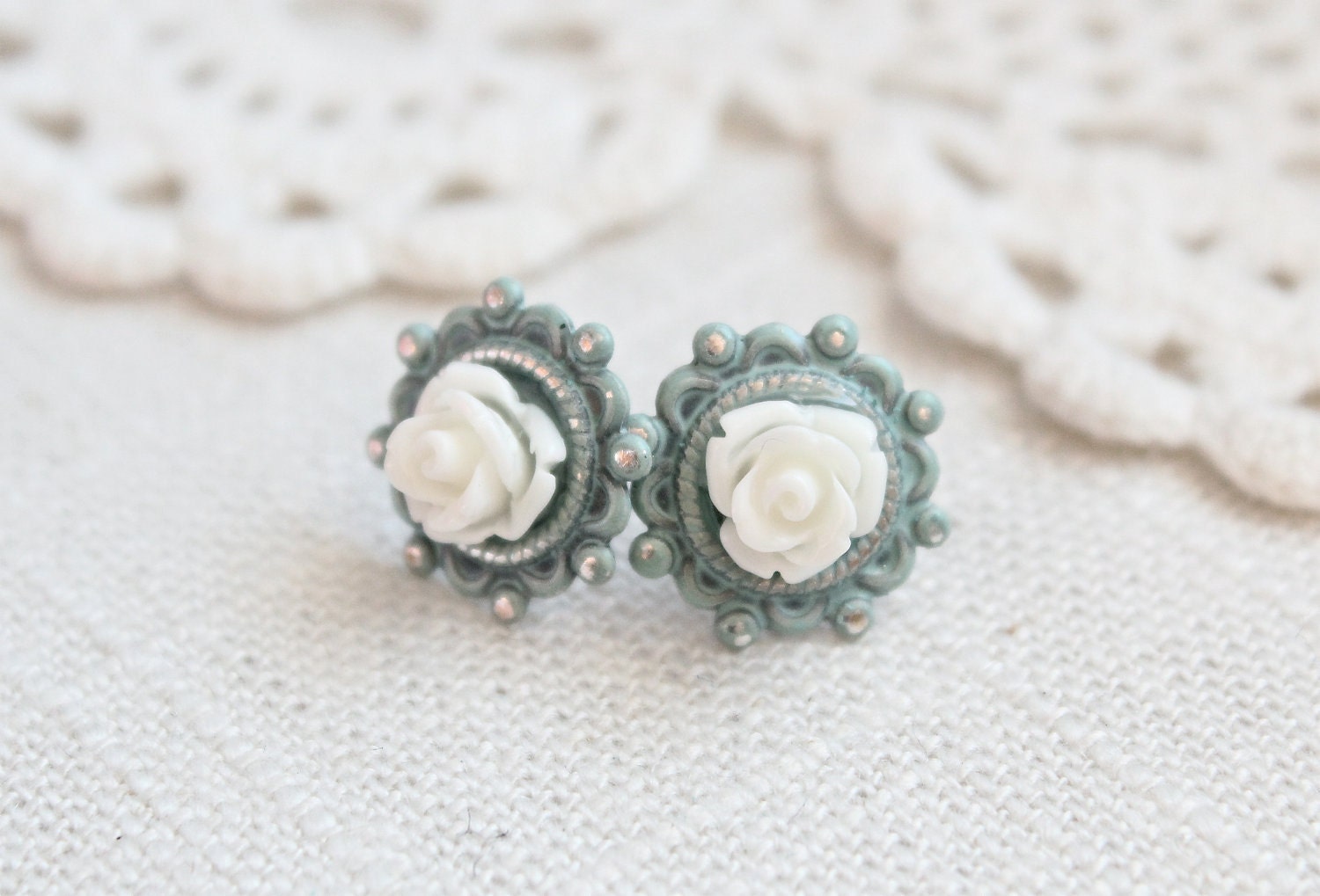 Shabby chic blue and cream rose post earrings.