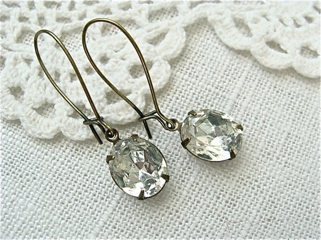 Antique brass clear glass vintage jewel earrings.