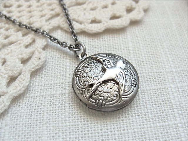 Antique silver locket necklace. Floral etched locket with a small sparrow. Photo keepsake jewelry.