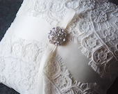 Wedding Ring Pillow - Ivory Ring Bearer Pillow with Partial Alencon Lace Overlay and Rhinestone Brooch - Eleanor