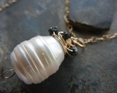 Ivory Baroque Pearl and Rough Cut Black Diamond Necklace
