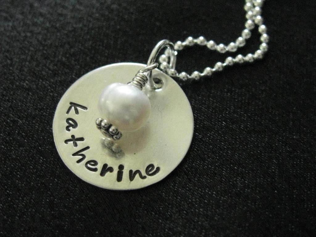 Aidan Necklace- Smooth sterling silver disk with pearl or birthstone- Personalized and HAND STAMPED necklace with name