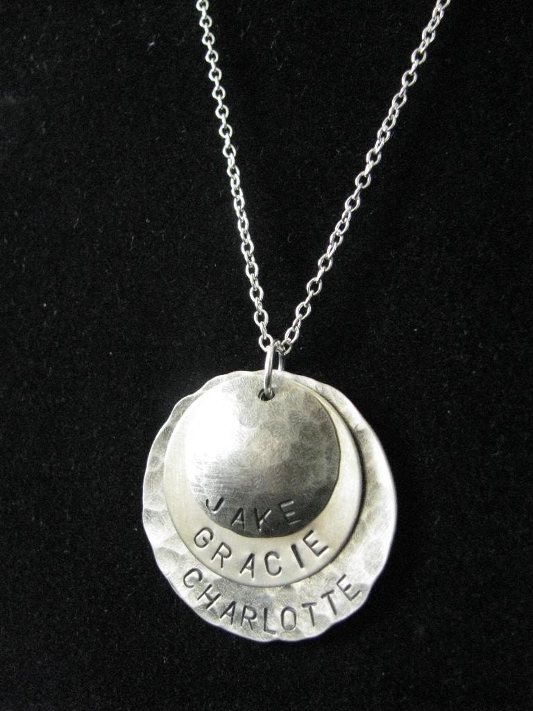 Emma Necklace- Layered three disk pendant- Hammered and smooth disks- Custom- HAND STAMPED