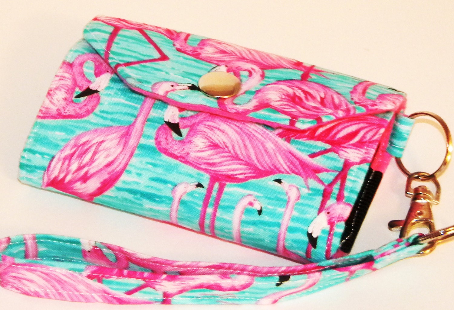 Custom Fit Cell Phone Case with coordinating keychain wristlet and inside pocket - pink flamingos