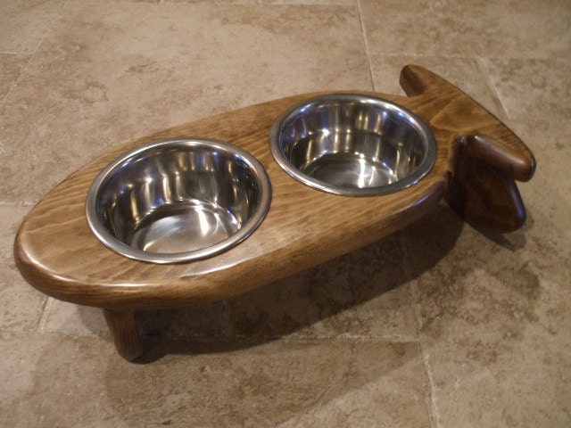 1 Pint 4 Inch Double - Ergonomically Designed Elevated Cat Feeder - Stained Special Walnut