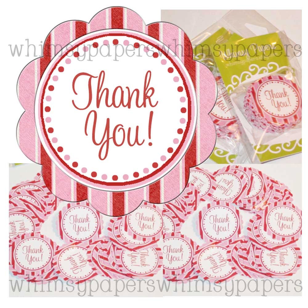 Peppermint Candy Stripes and Polka Dots Scalloped Circle "Thank You" stickers - set of 50