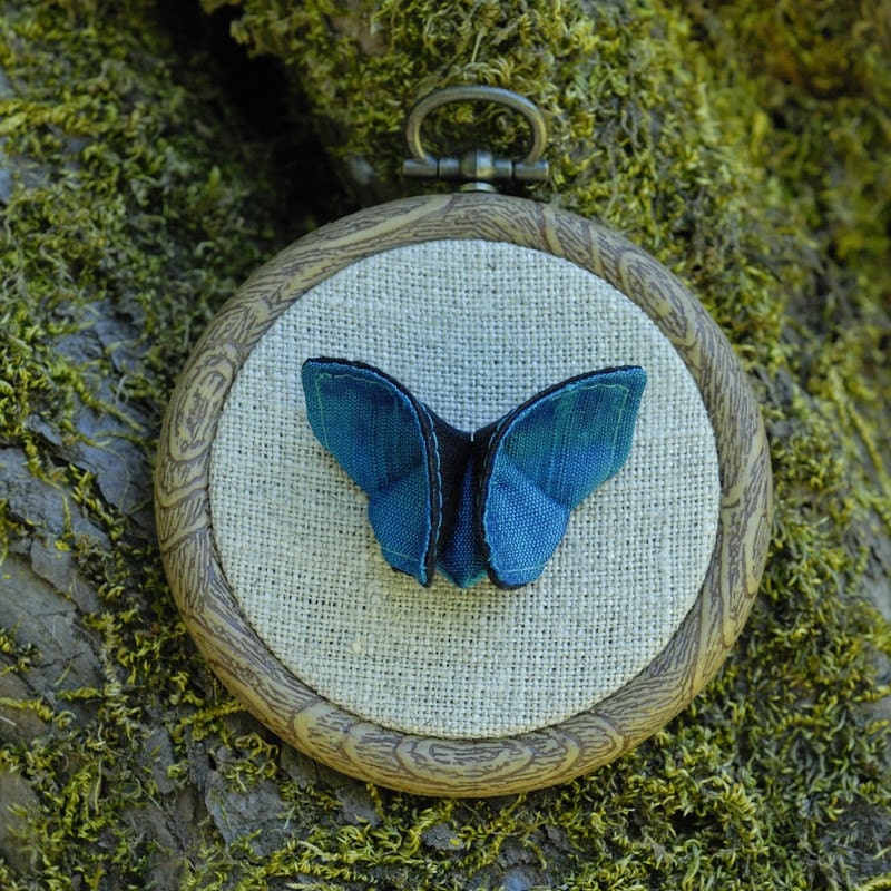 Origami Silk Butterfly Wall Hanging Custom Embroidery Hoop Linen Peacock Blue Teal and Black Silks SMALL SIZE butterfly