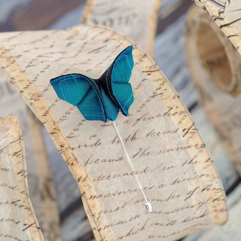 Peacock Boutonniere Silk Origami Butterfly Lapel Pin Boutonniere Stick Pin Corsage Buttonhole 100 Colors of Silk SMALL SIZE