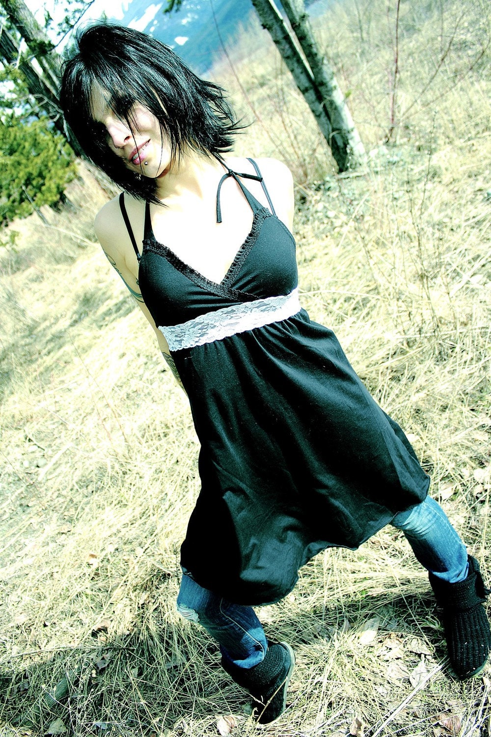 Organic Black White Lace Dress Halter Top Shirt -- Custom Item -- LAST CHANCE
