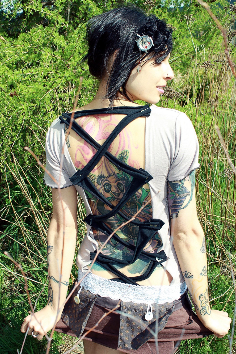 Gothic Doll - SteamPunk - Organic Backless Button Strapy Tee Top T-Shirt s-l -- Custom Item -- LAST CHANCE