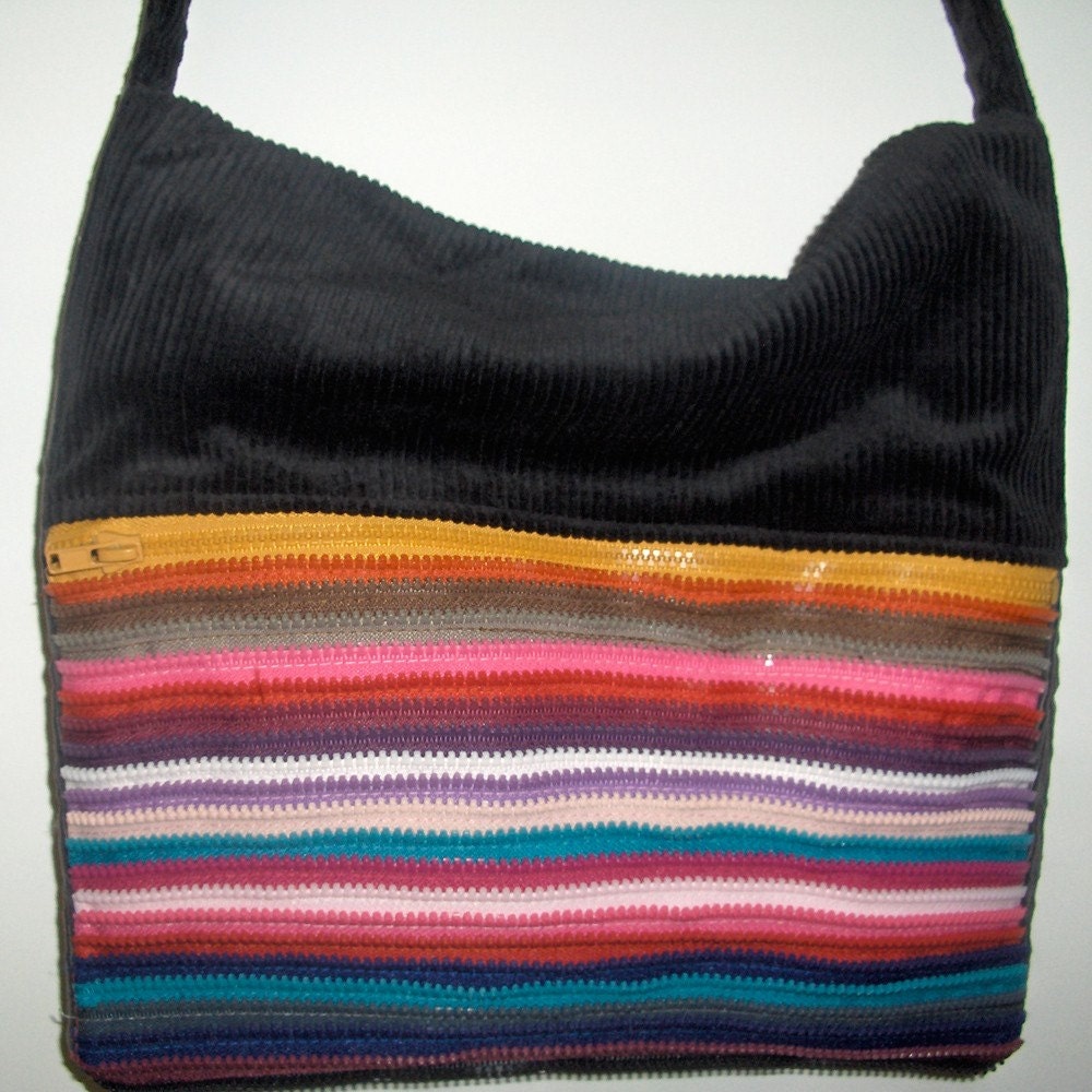 Zipper Handbag, striped colors, black and grey corduroy