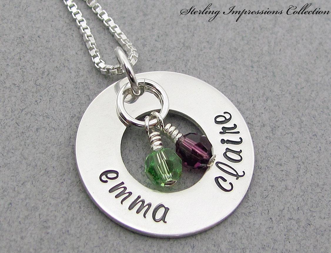 Personalized Jewelry - Handstamped Necklace - Sterling Impressions Two Name Eternity Circle Birthstone Necklace