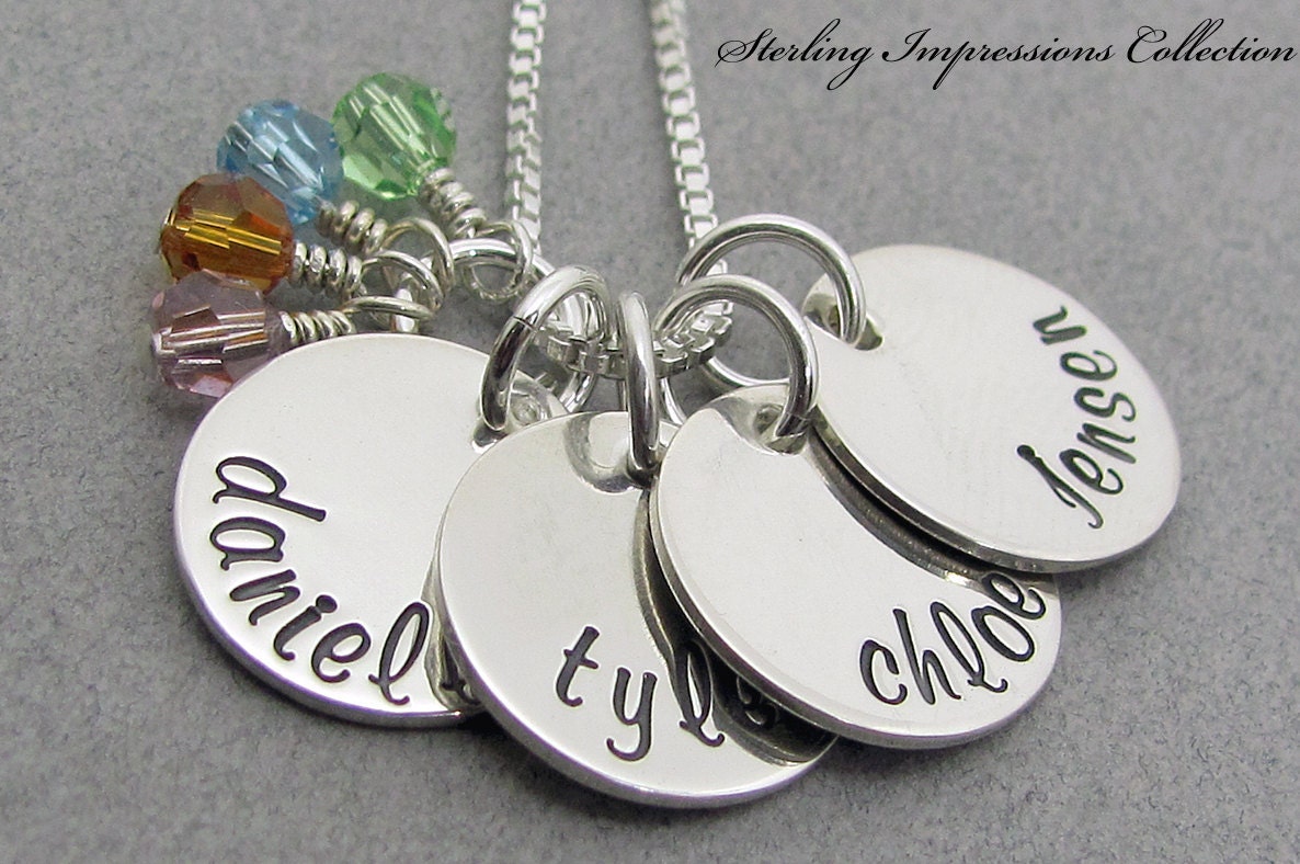 Handstamped Jewelry - Personalized Necklace - Sterling Impressions Handstamped Four Disc Half Inch Pendant Birthstone Name Necklace