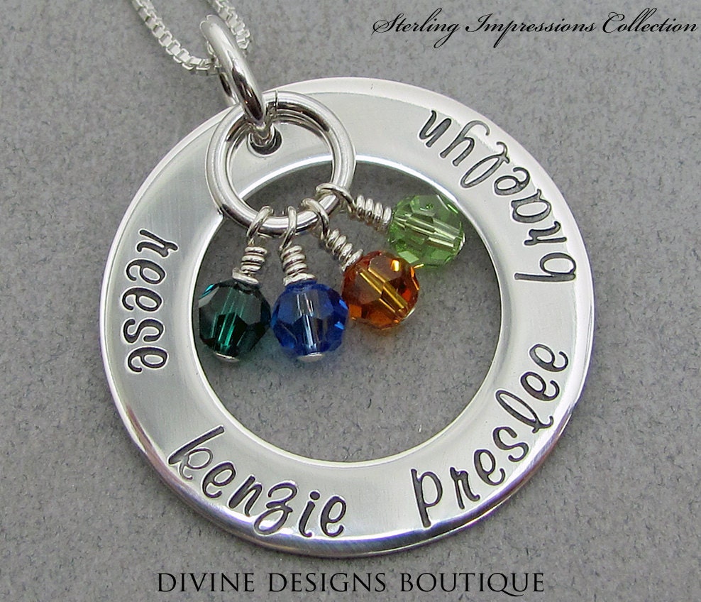 Family Necklace - Personalized Jewelry - Sterling Impressions Handstamped Four Name Eternity Circle Birthstone Necklace