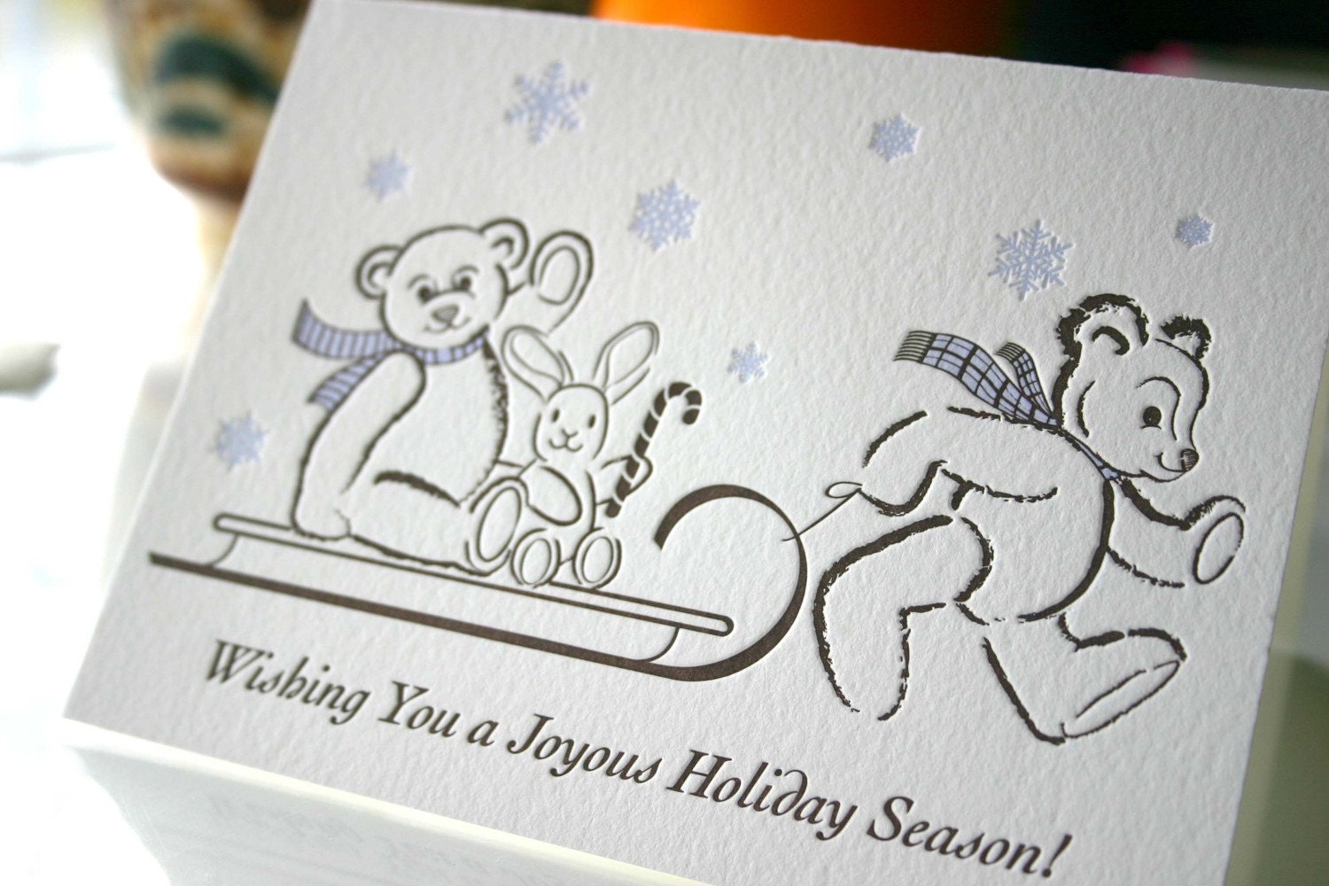 Letterpress Holiday Card- Teddy's Sleigh Ride - set of 6