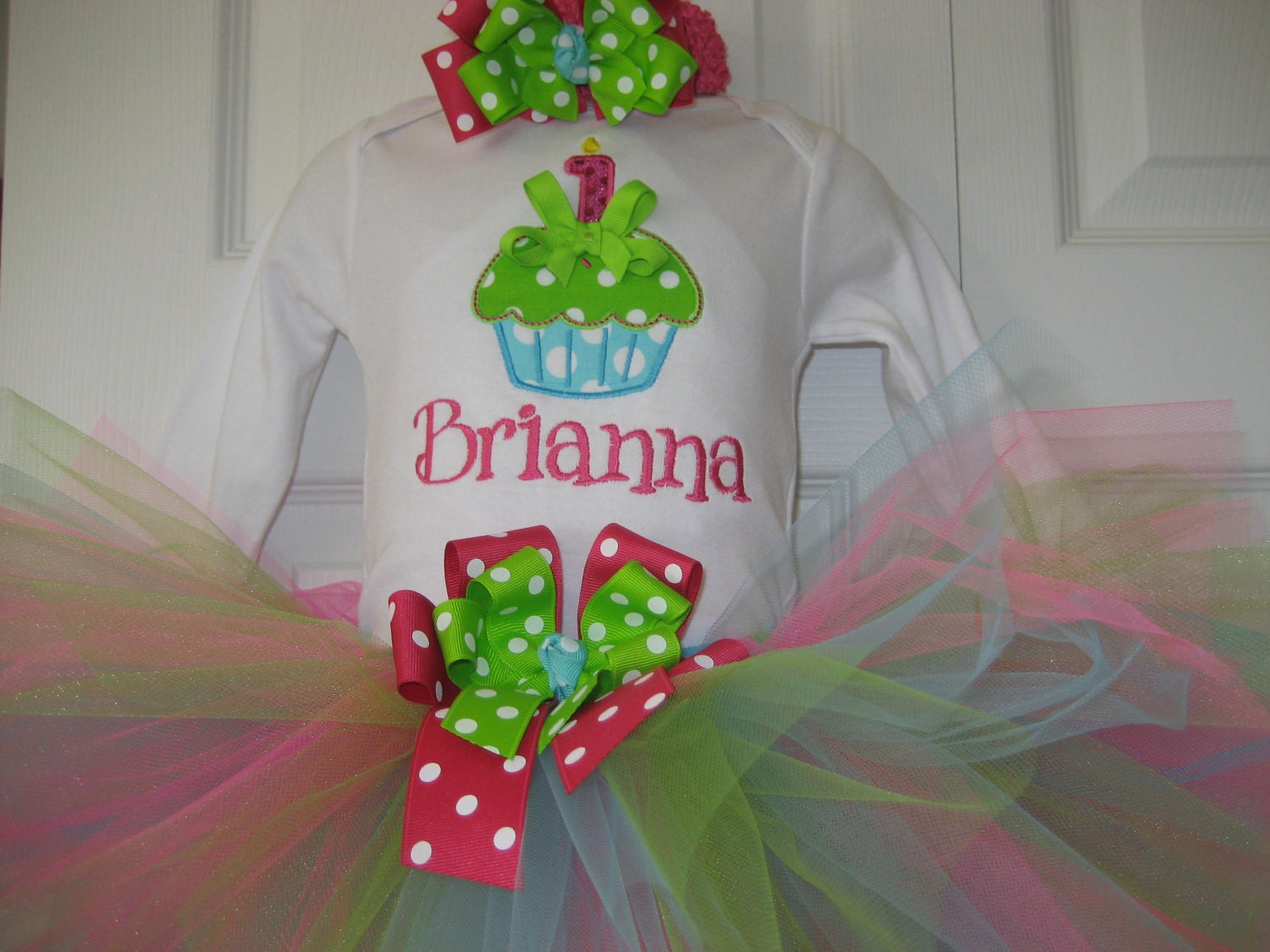 Boutique First Birthday Cupcake monogrammed tutu set with matching headband