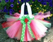 4 Strawberry Shortcake Inspired Mini Totes...Hot Pink, Green, & Red Tulle...Green Grosgrain Ribbon,  White Polka Dots...PERFECT party Favors