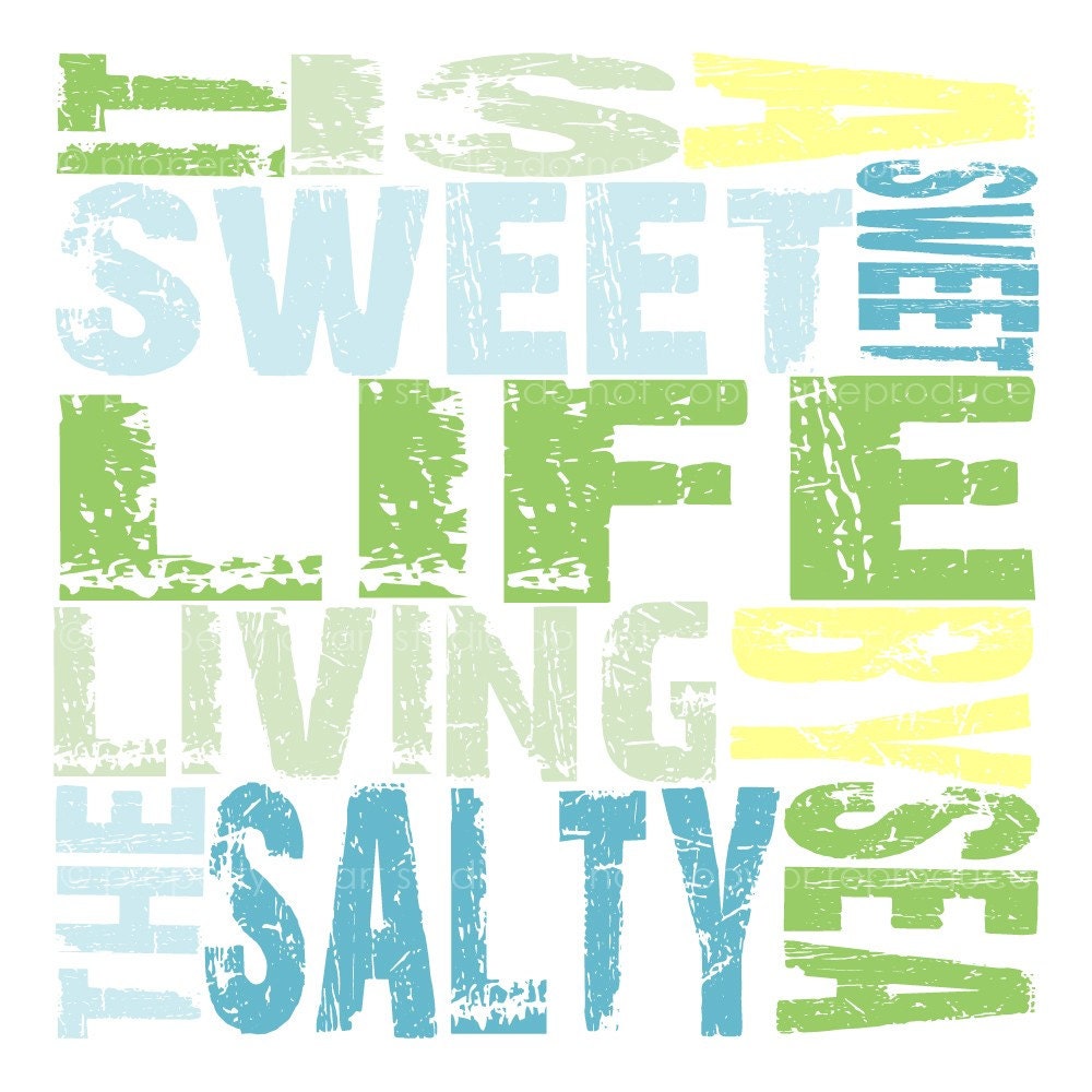 It is a Sweet Sweet Life Living by the Salty Sea -  Blue, Green, Yellow, White Quote - 8x8 Canvas Textured Art Print