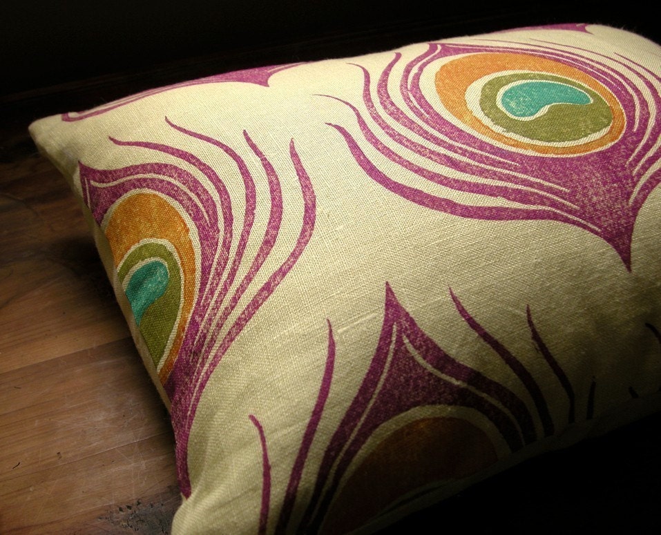 Orchid and Orange Peacock Feather Lumbar  Linen Pillow Case