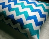 Blue and Turquoise Chevron hand printed lumbar size linen pillow case