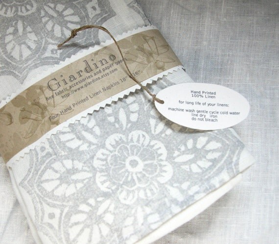 Winter White set of four linen hand printed dinner napkins