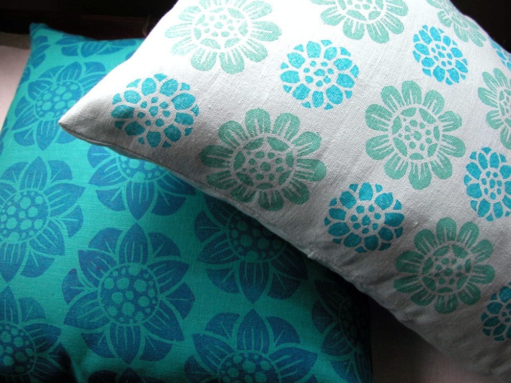 Aqua Water Lilies Hand Printed Linen Pillow 13 x 22