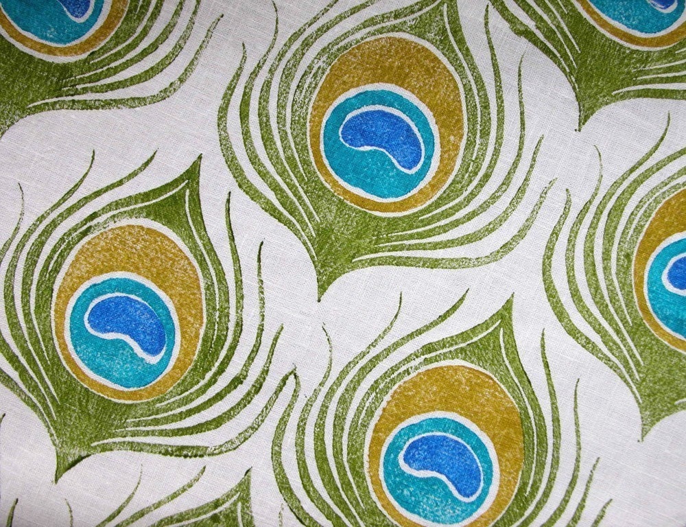 Hand Printed Peacock feather linen tea towel set of 3