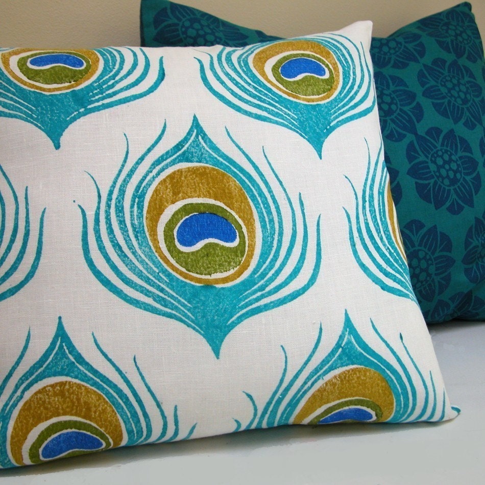 Turquoise Blue Peacock Feather linen pillow case